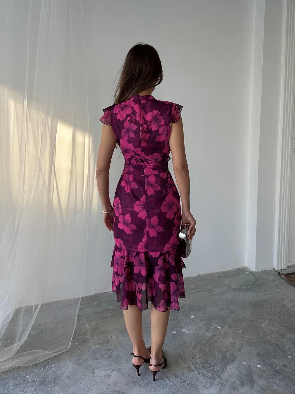 Flora Çiçek Baskılı Şifon Midi Elbise