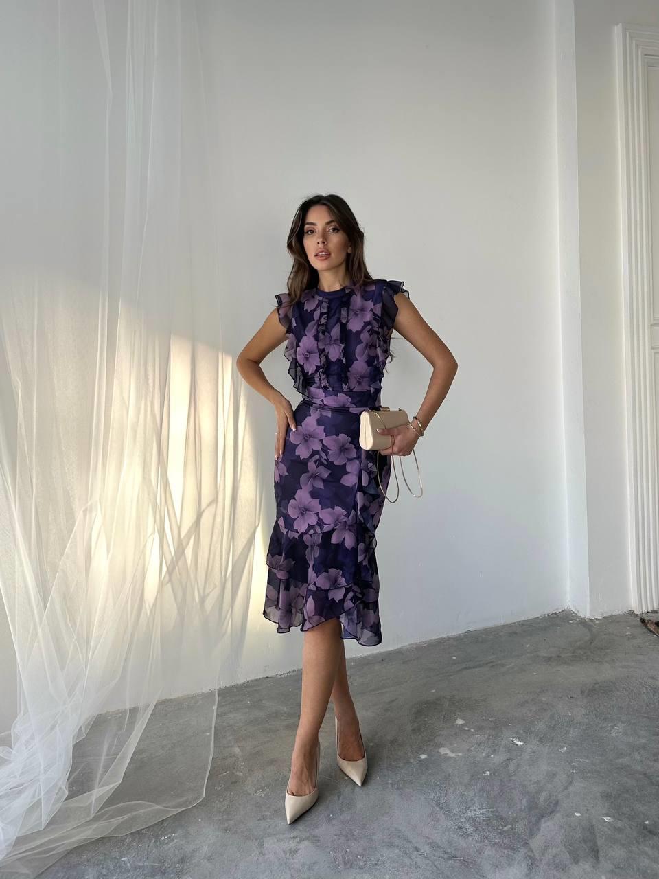 Flora Çiçek Baskılı Şifon Midi Elbise