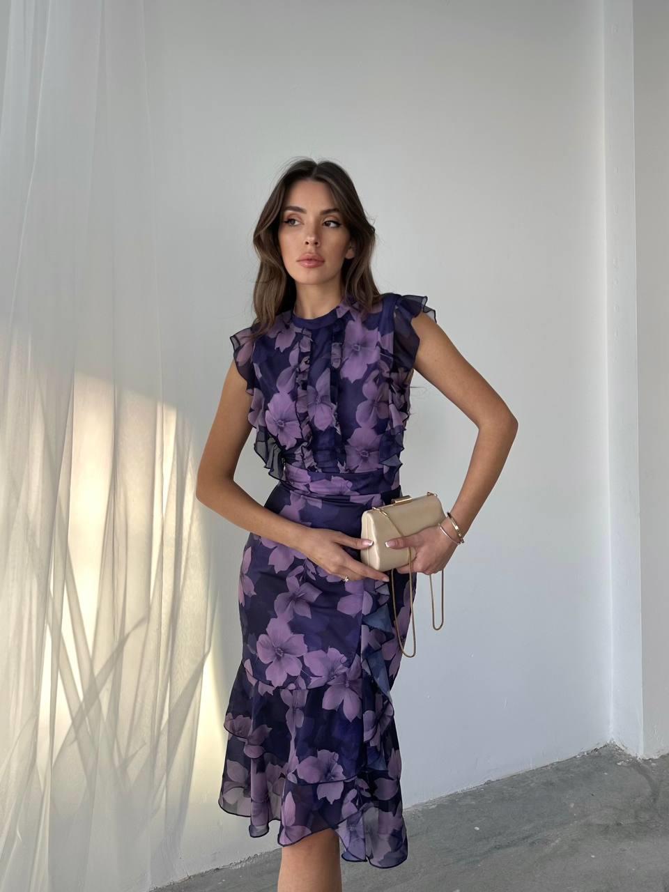 Flora Çiçek Baskılı Şifon Midi Elbise