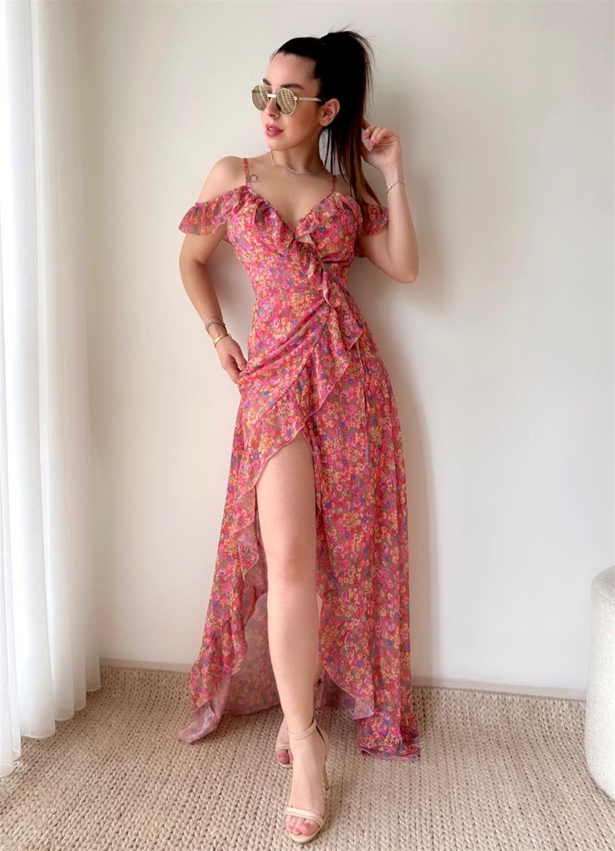 Flower Uzun Fırfırlı Elbise -2001 - Nar Çiçeği