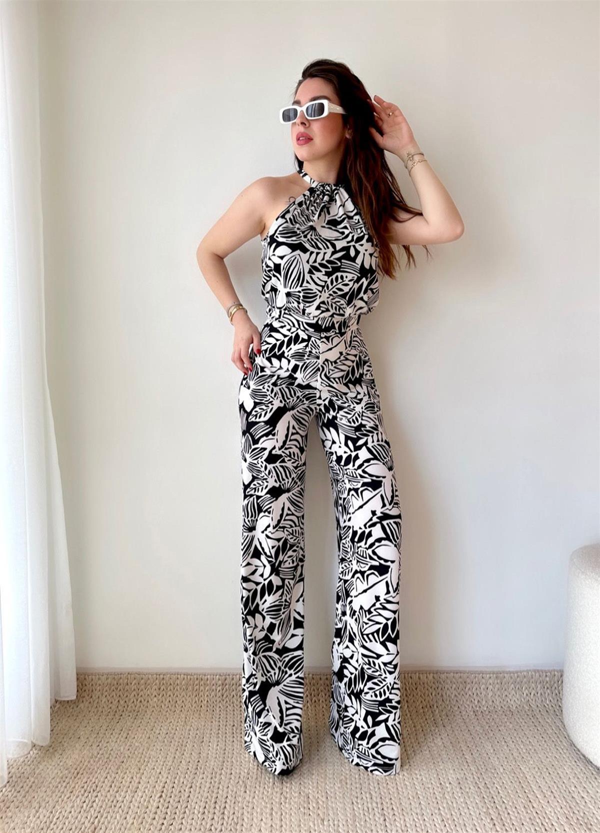 Halter Yaka Bağlamalı Tulum - Siyah Beyaz