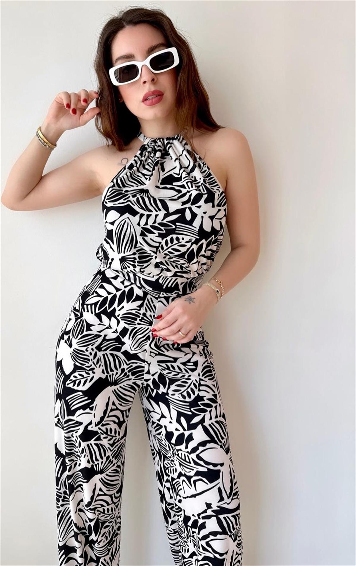 Halter Yaka Bağlamalı Tulum - Siyah Beyaz