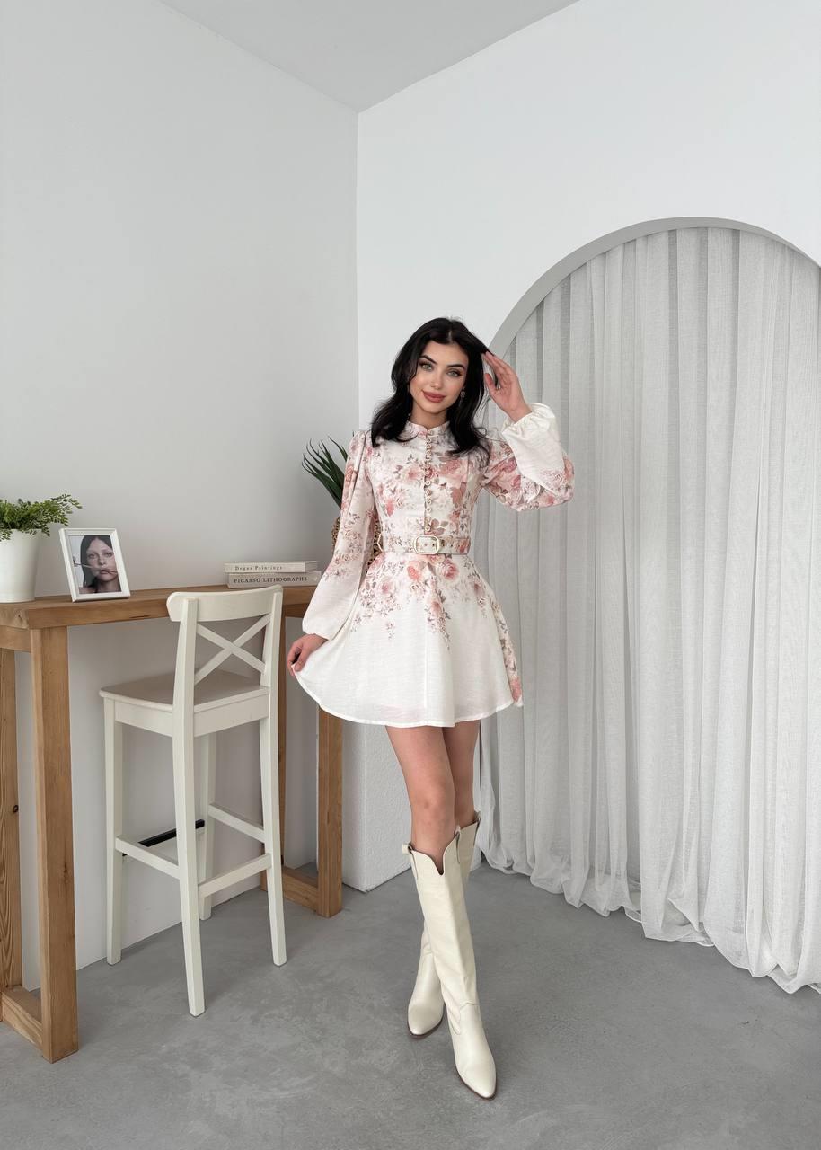Heydi Kemerli Çiçek Desen Tasarım Mini Elbise