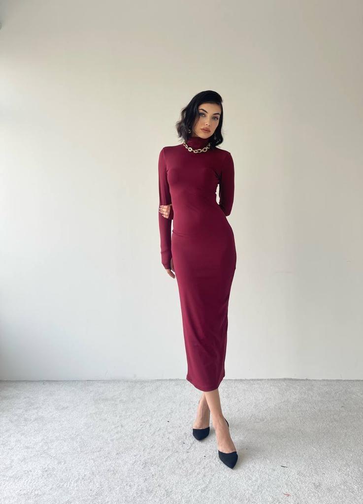 Helena Uzun Arka Yırtmaçlı Elbise - Bordo