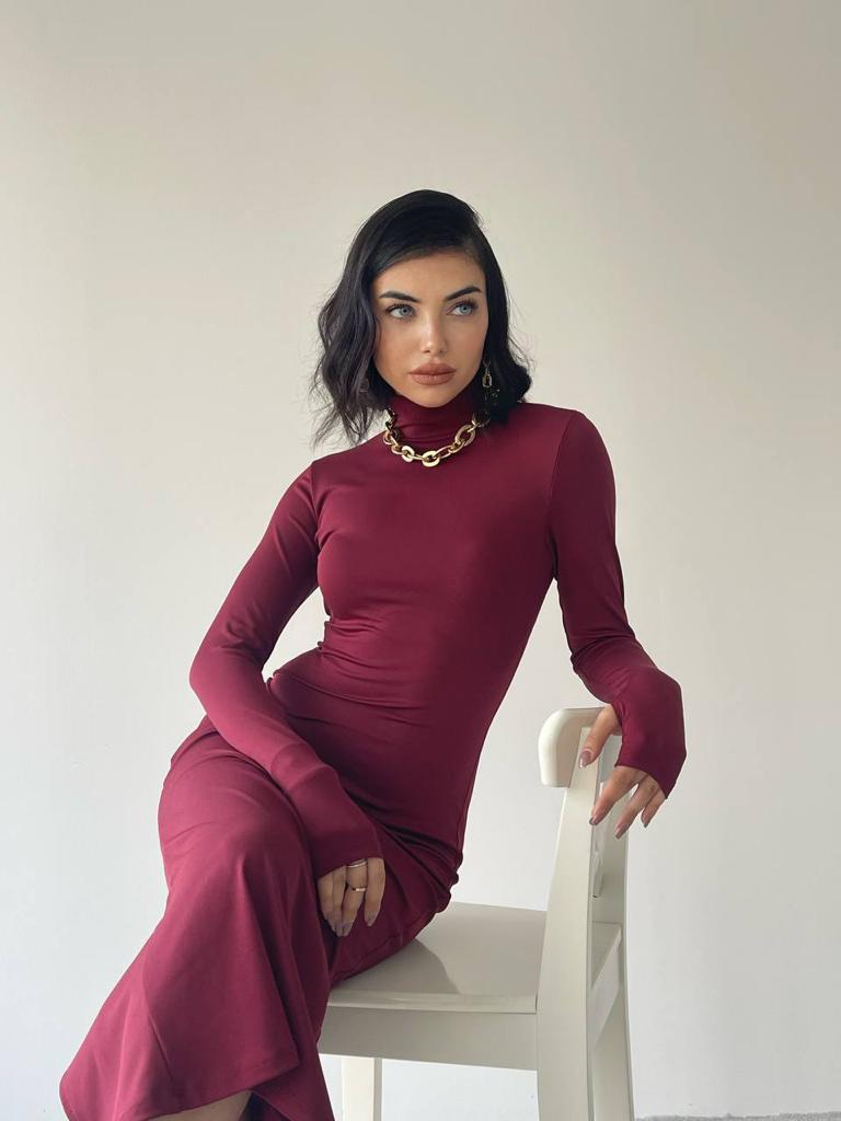Helena Uzun Arka Yırtmaçlı Elbise - Bordo