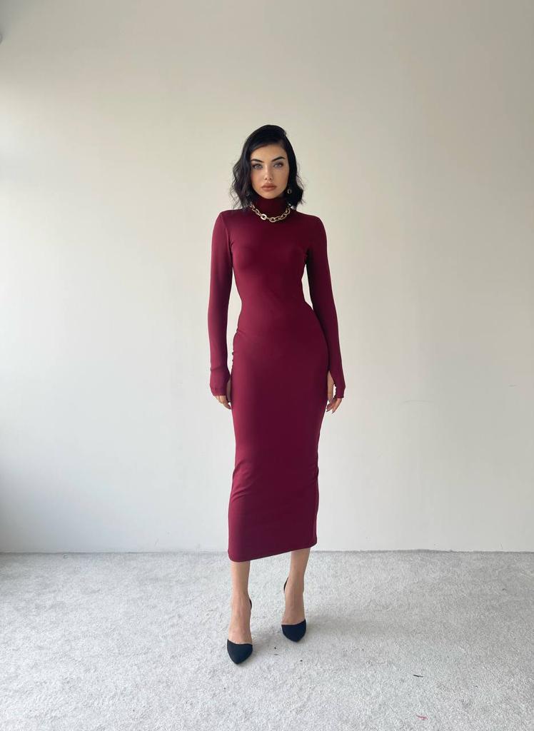 Helena Uzun Arka Yırtmaçlı Elbise - Bordo