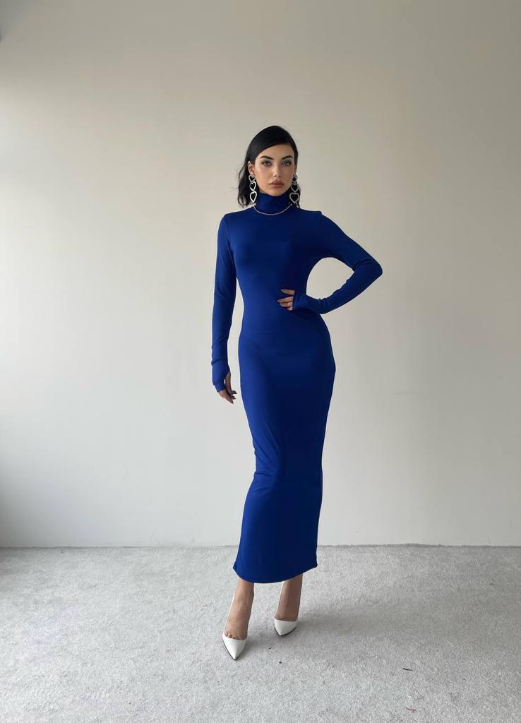 Helena Uzun  Arka Yırtmaçlı Elbise - Mavi