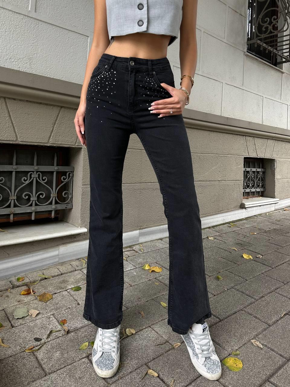 Kadın Yüksek Bel Taş Detay Boot Cut Jean Pantolon