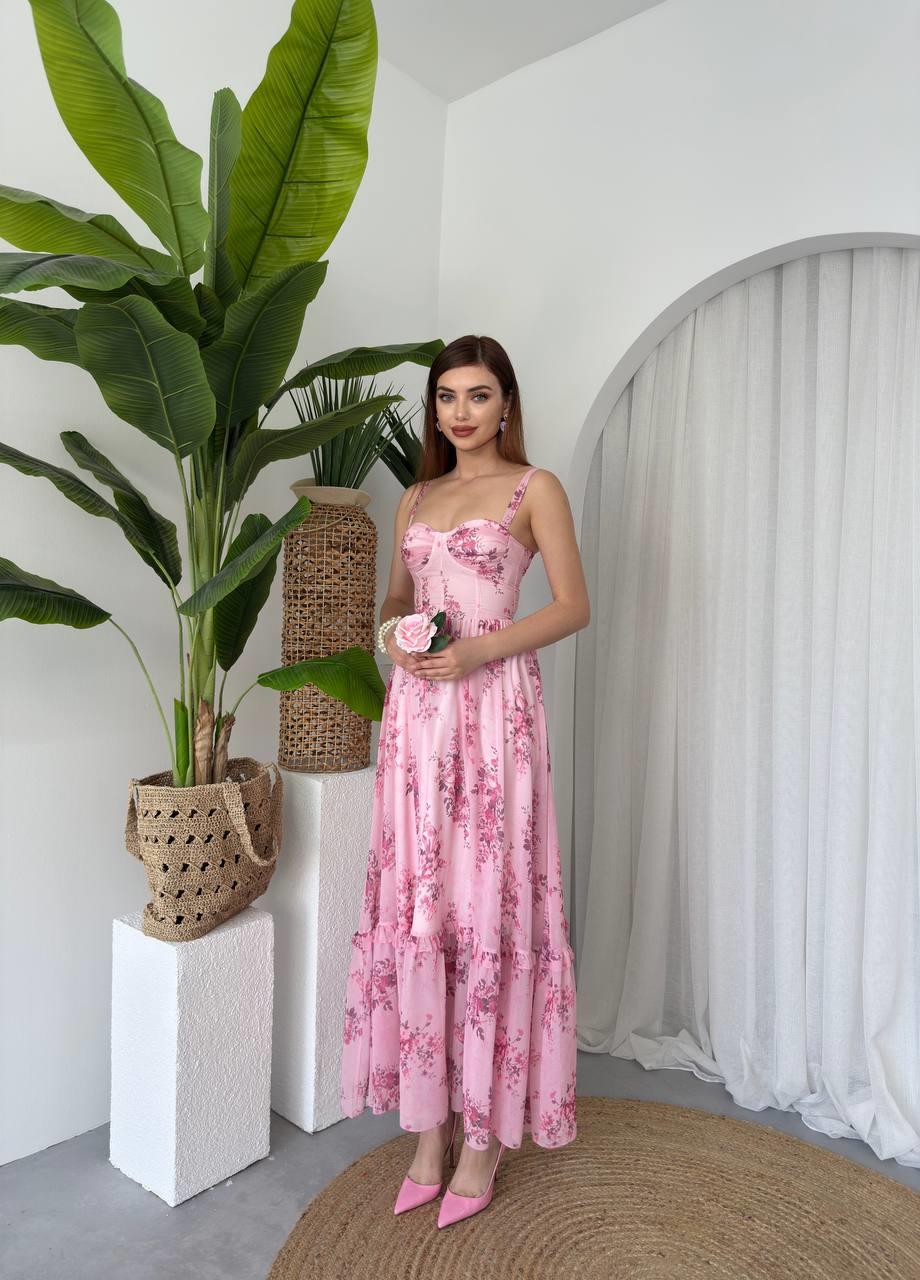 Kalın Askılı Çiçekli Pembe Şifon Emily Elbise