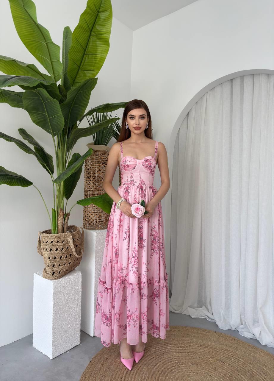Kalın Askılı Çiçekli Pembe Şifon Emily Elbise