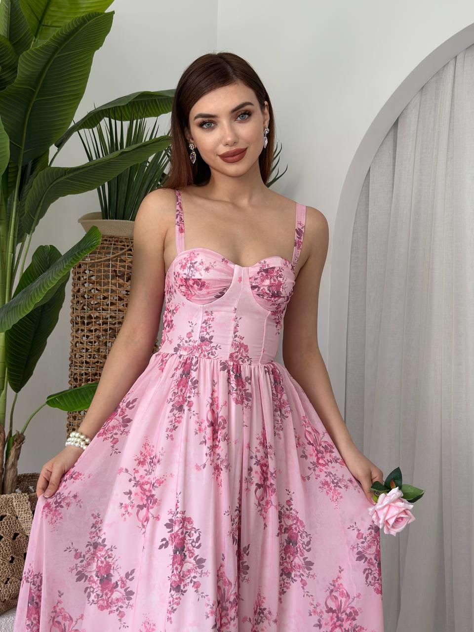 Kalın Askılı Çiçekli Pembe Şifon Emily Elbise