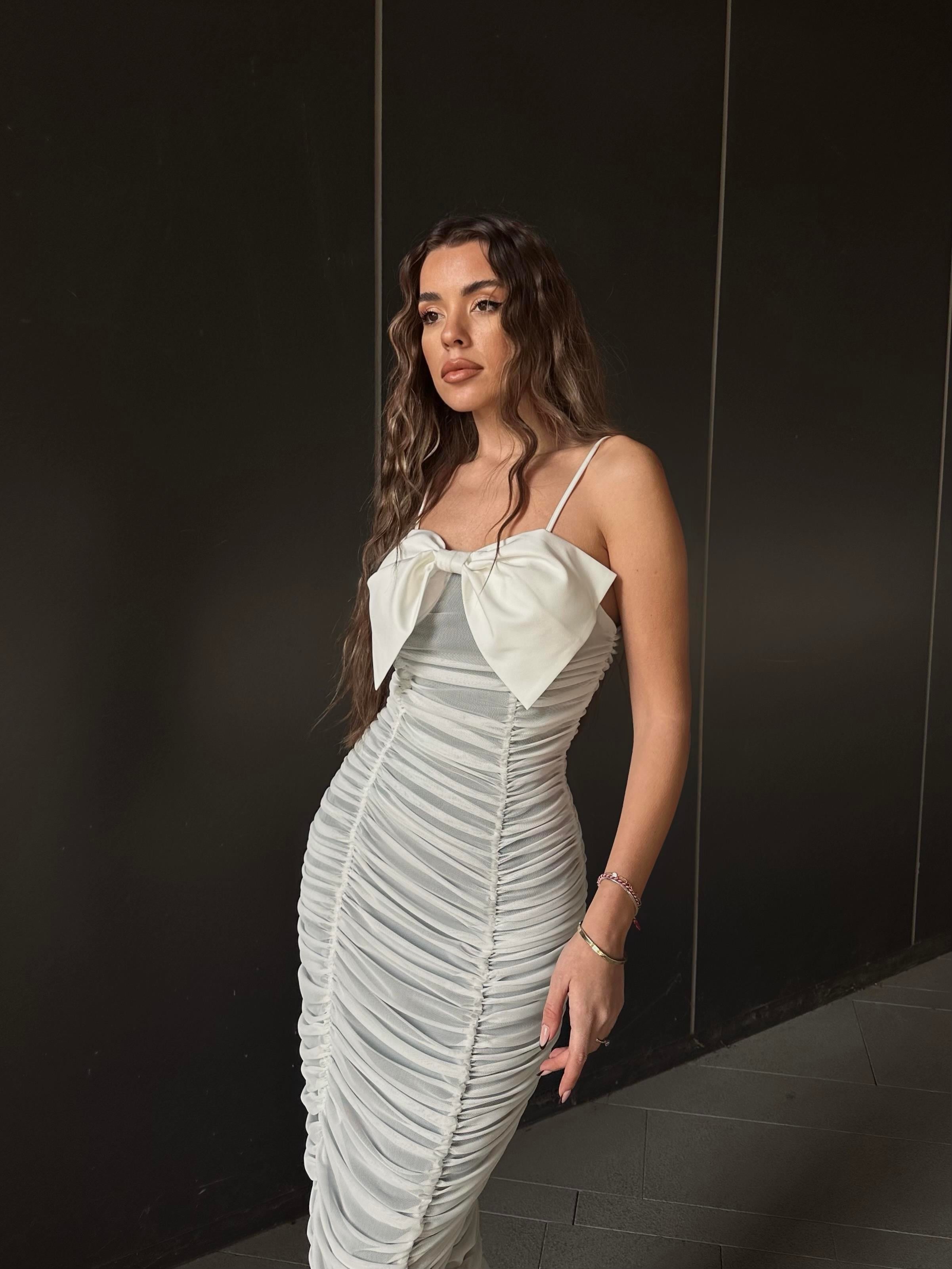 Laziyo Tül Drapeli Likralı Astarlı Kurdele Detay Askılı Elbise