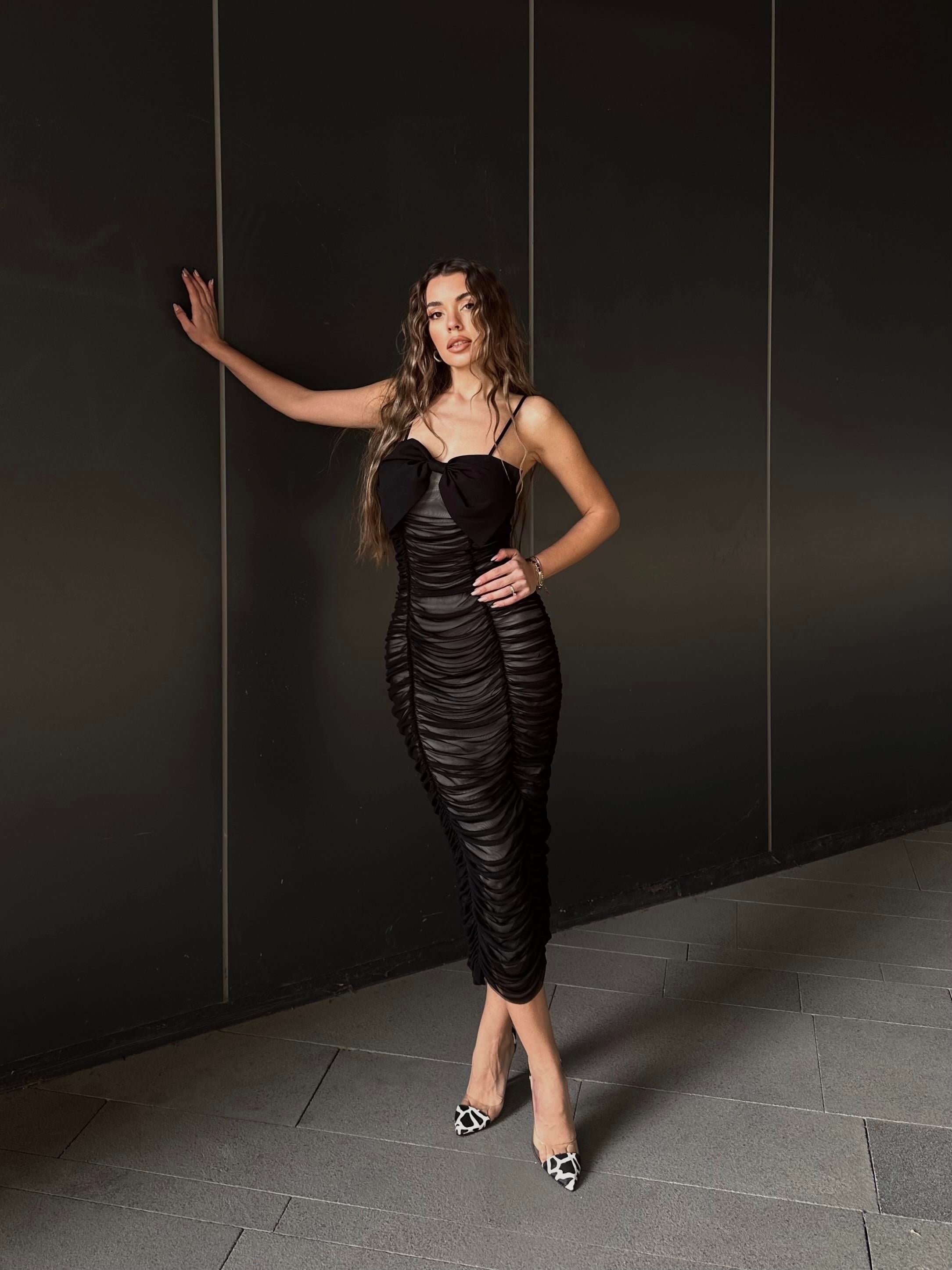 Laziyo Tül Drapeli Likralı Astarlı Kurdele Detay Askılı Elbise