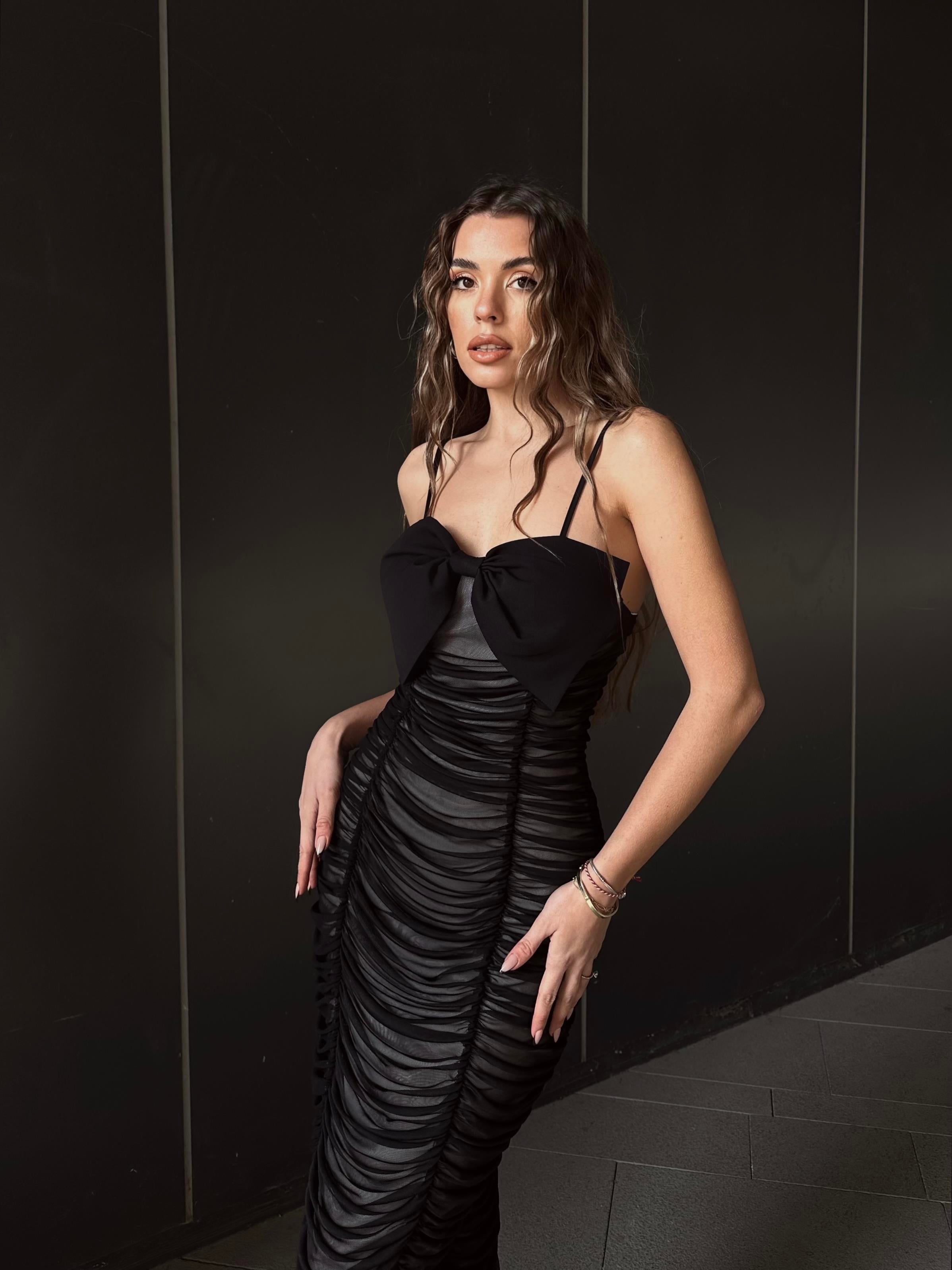 Laziyo Tül Drapeli Likralı Astarlı Kurdele Detay Askılı Elbise