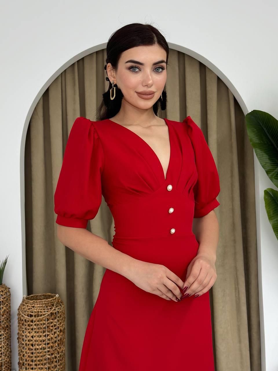 Linda Önü Düğmeli Midi Elbise