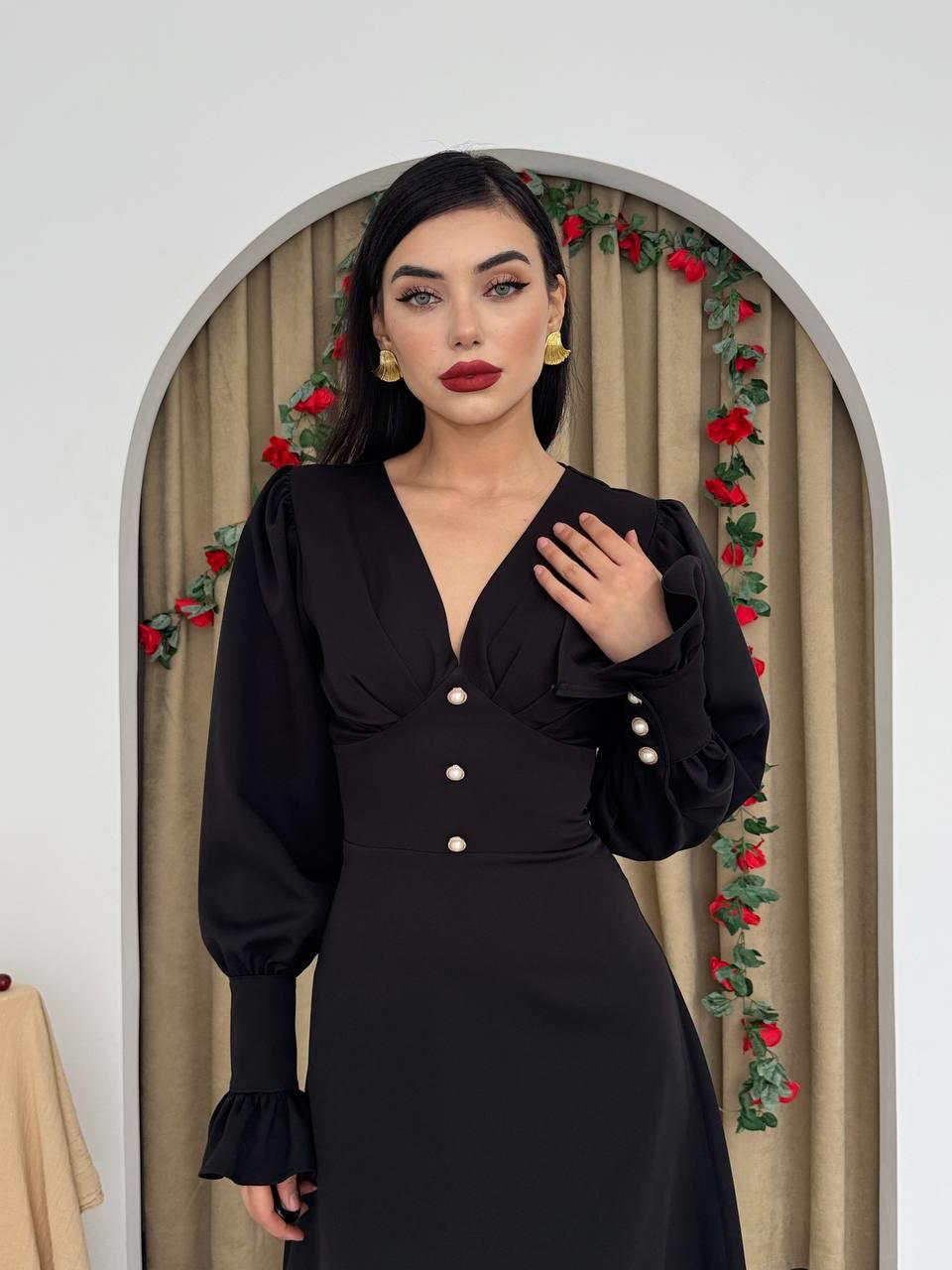 Marina V Yaka Düğmeli Midi Elbise