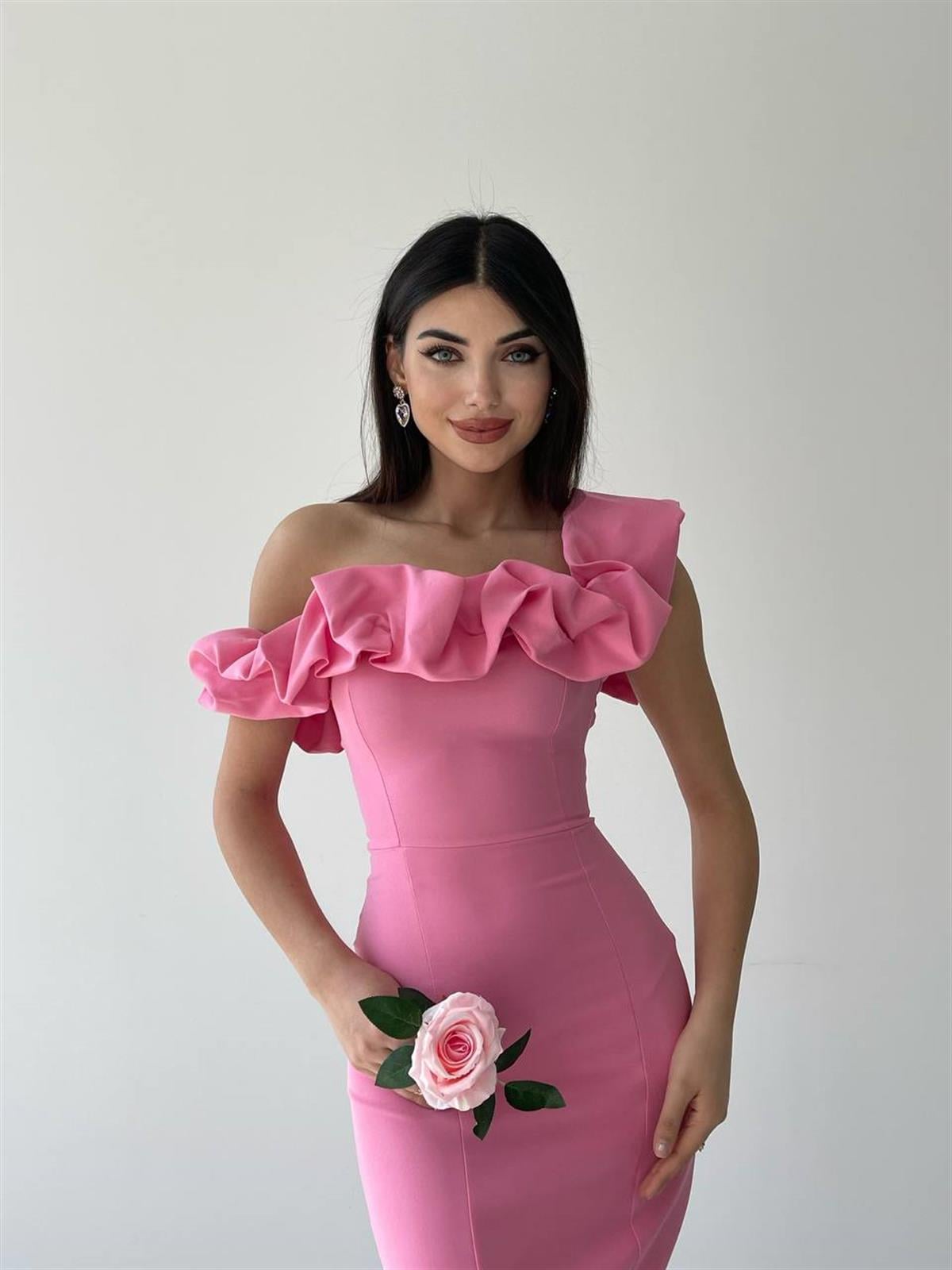 Midi Atlas Elbise -00012 - Pembe