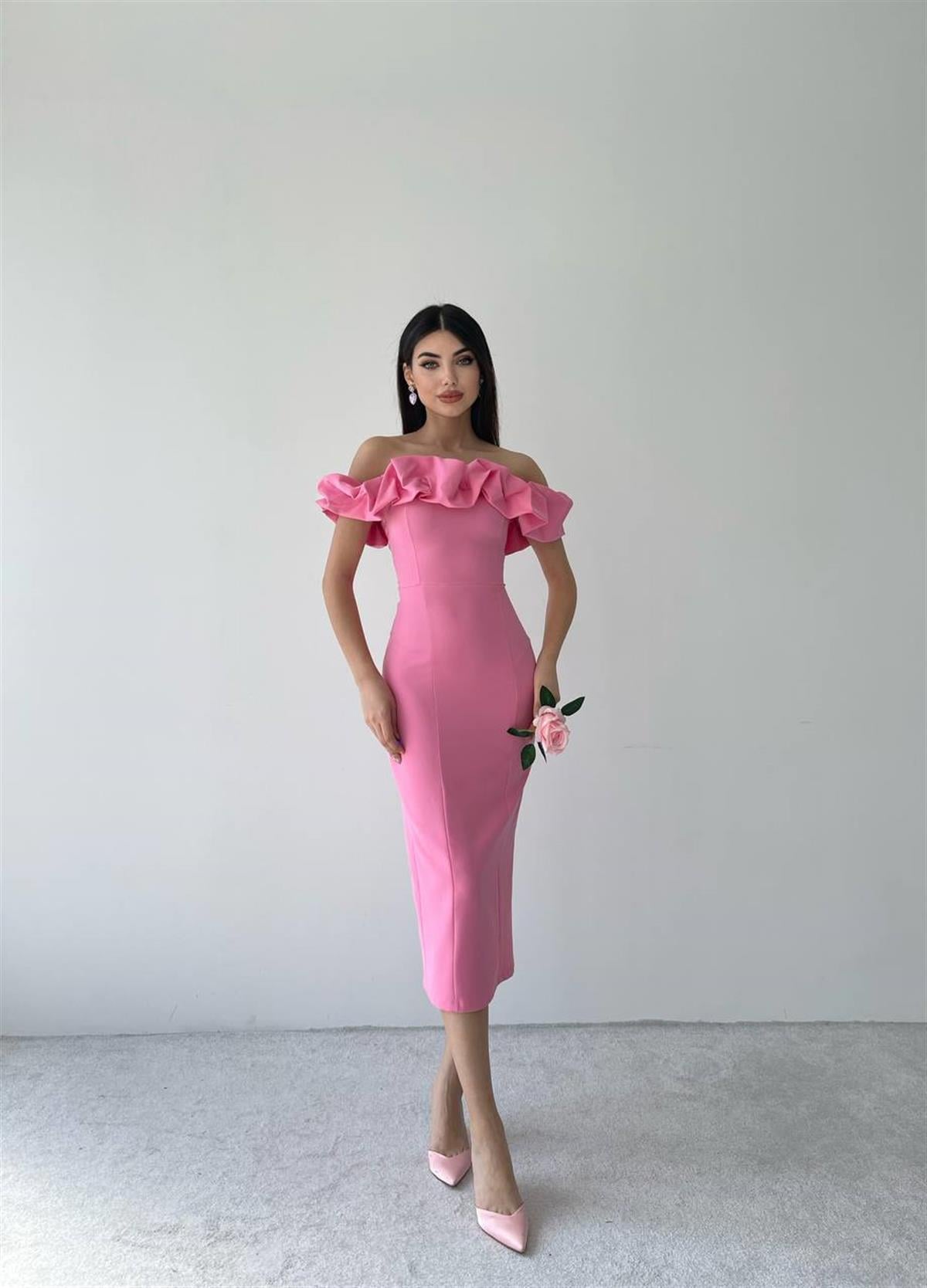 Midi Atlas Elbise -00012 - Pembe
