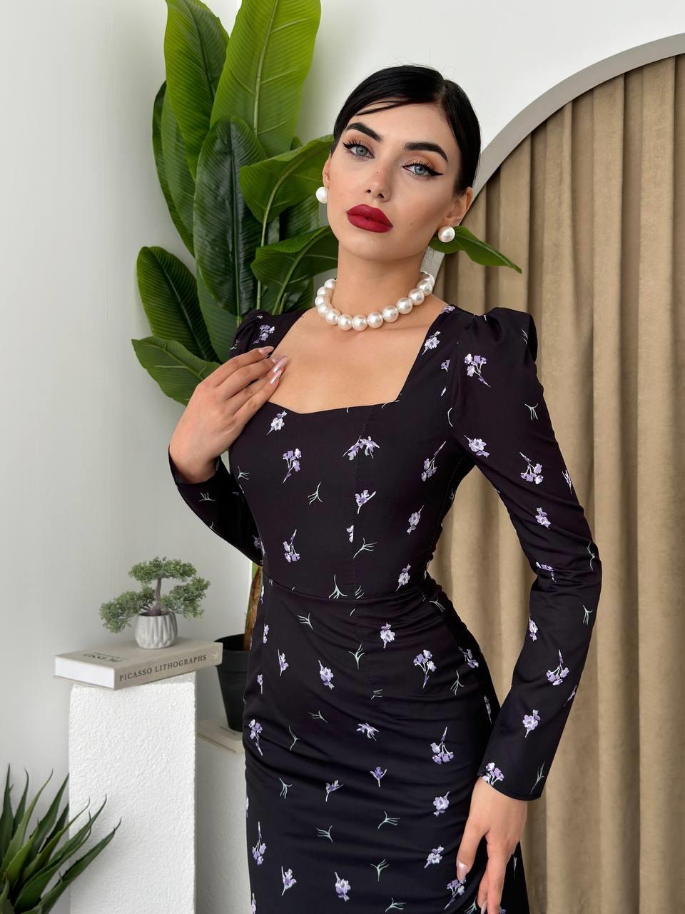 Milano Çiçek Desen Uzun Elbise