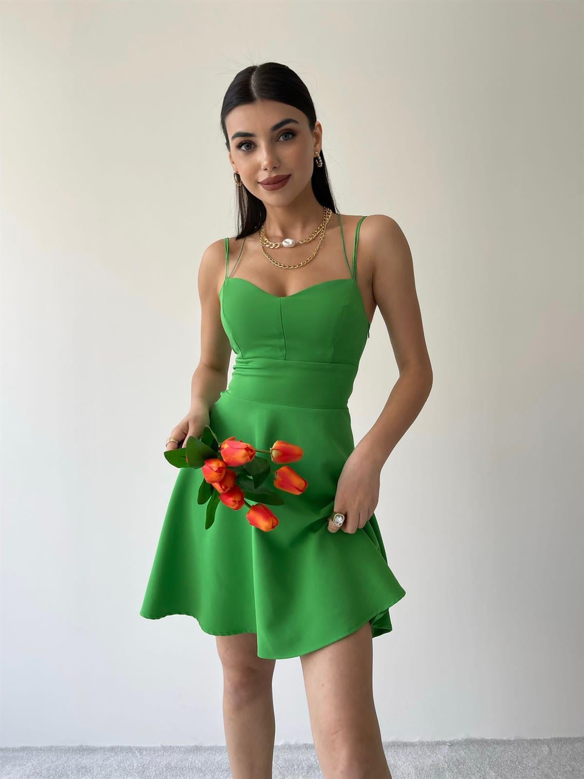 Mina Sırt Dekolteli Mini Elbise - Yeşil