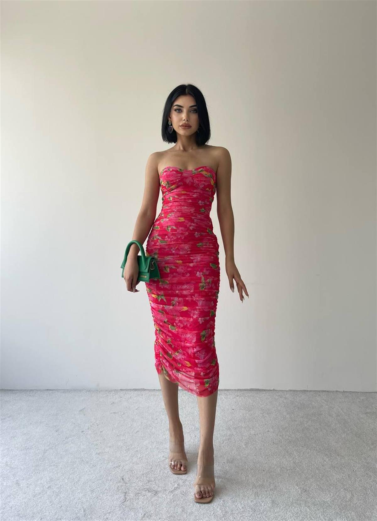 Nessa Strapez Streç Elbise - Pembe