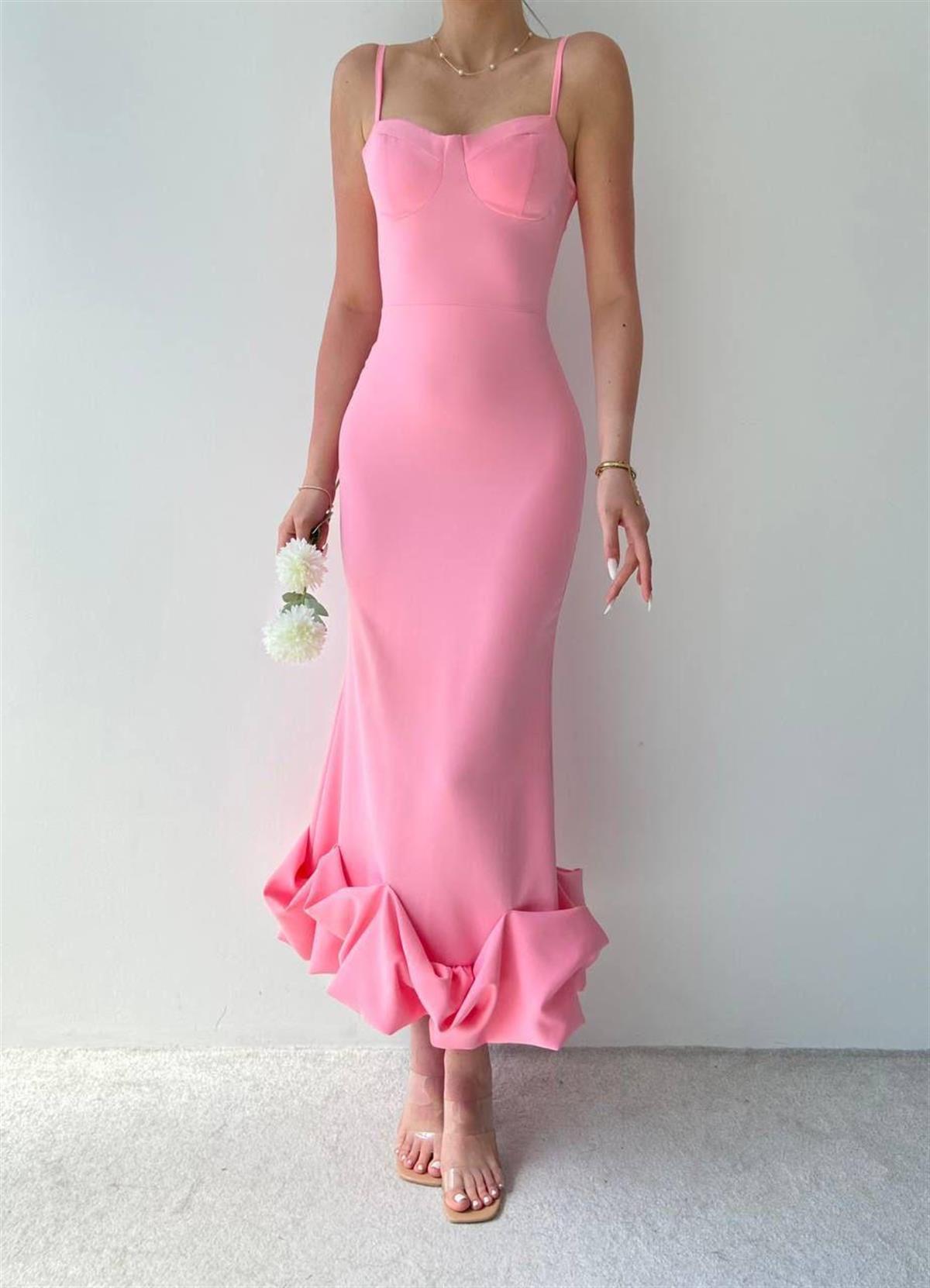 Pembe Dominic Eteği Büzgülü Midi Boy Elbise