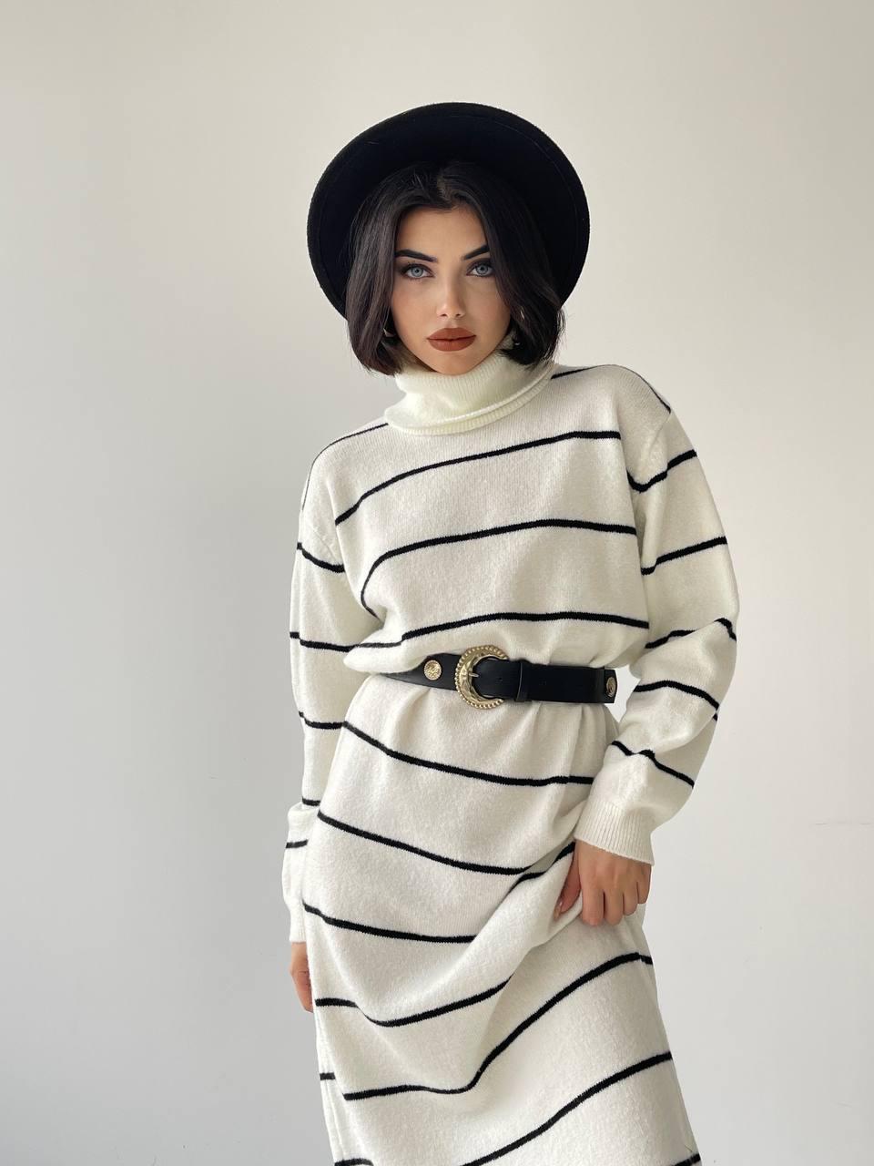 Pier Triko Çizgili Uzun Elbise - Krem