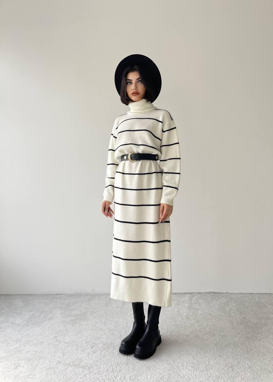 Pier Triko Çizgili Uzun Elbise - Krem