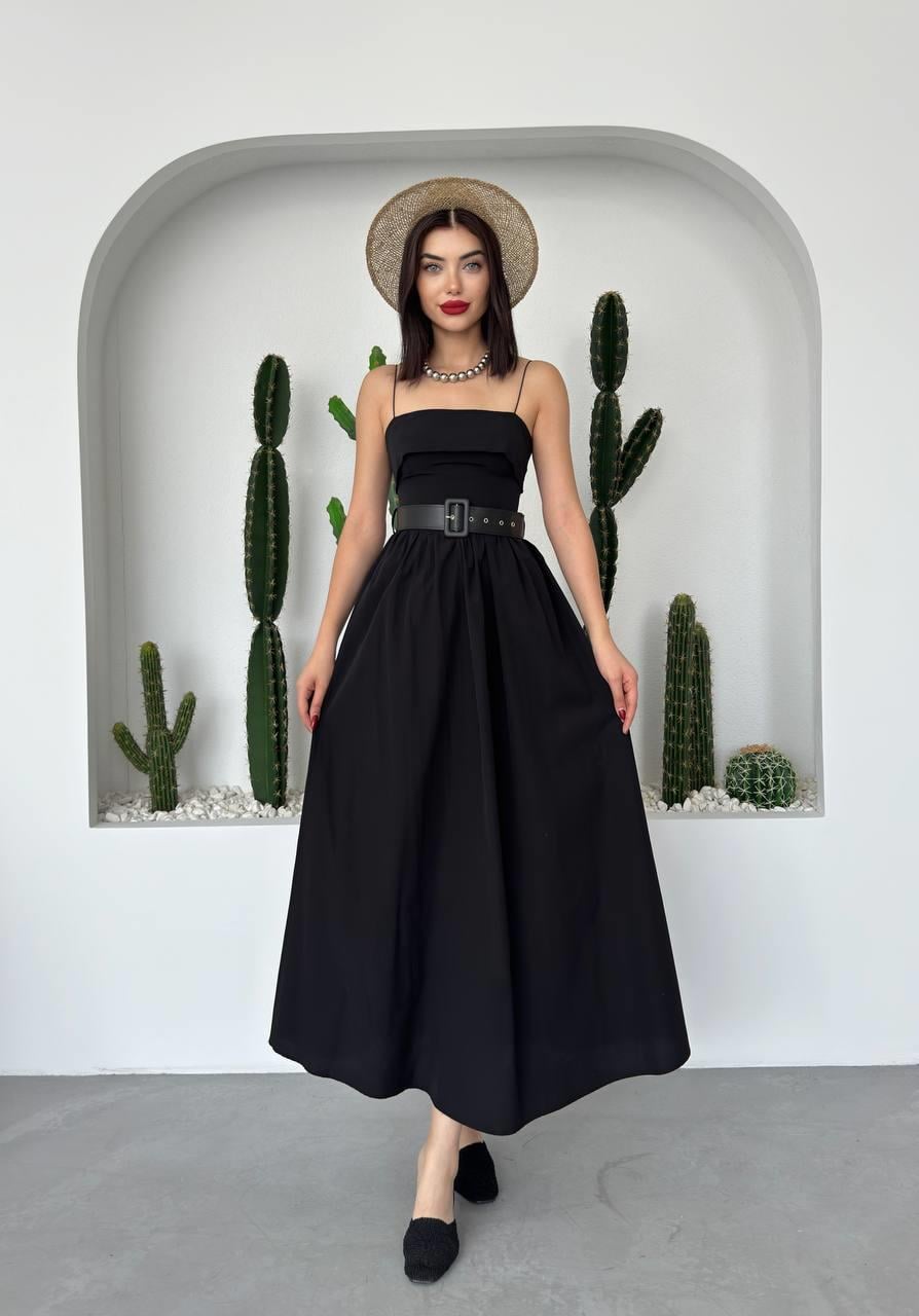 Poplin Kemerli Askılı Elbise