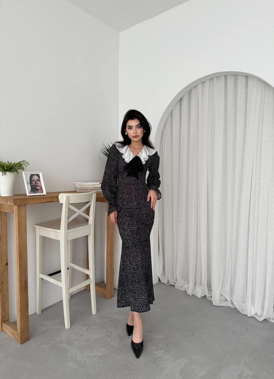 Roza Puantiyeli Fırfır Detay Yaka Uzun Elbise