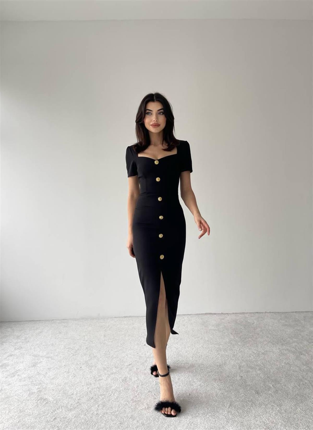 Sadie Gold Düğme Detaylı Midi Boy Elbise 