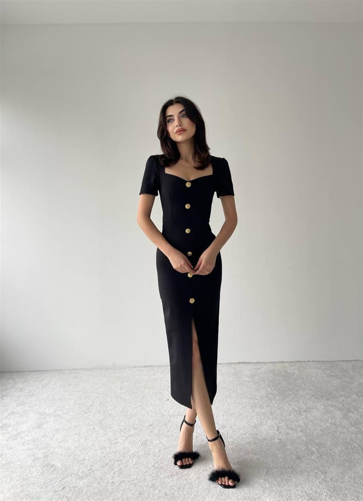 Sadie Gold Düğme Detaylı Midi Boy Elbise 