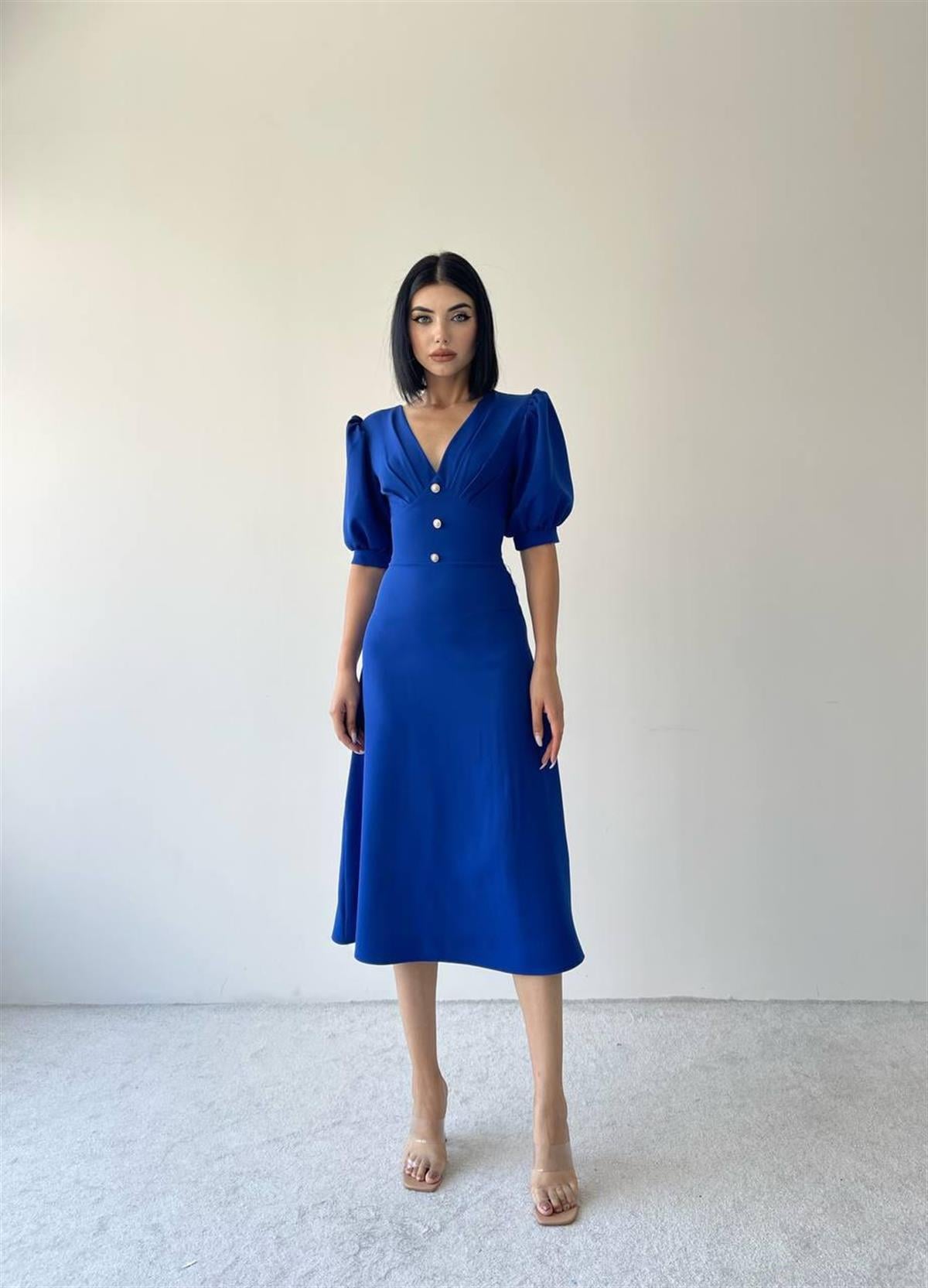  Linda Önü Düğmeli Midi Elbise - Saks