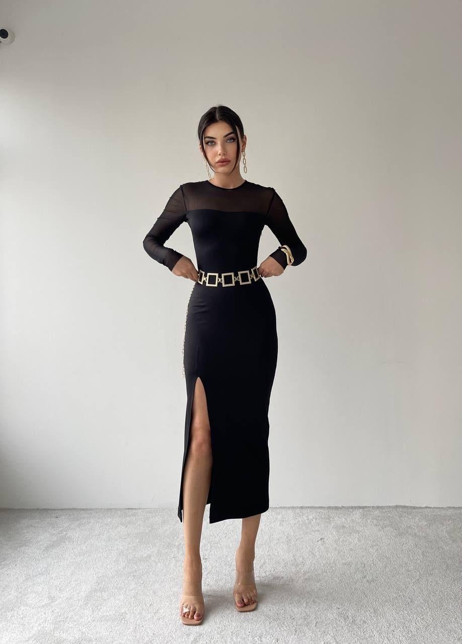 Selin Midi Siyah Tül Detay Yırtmaçlı Elbise