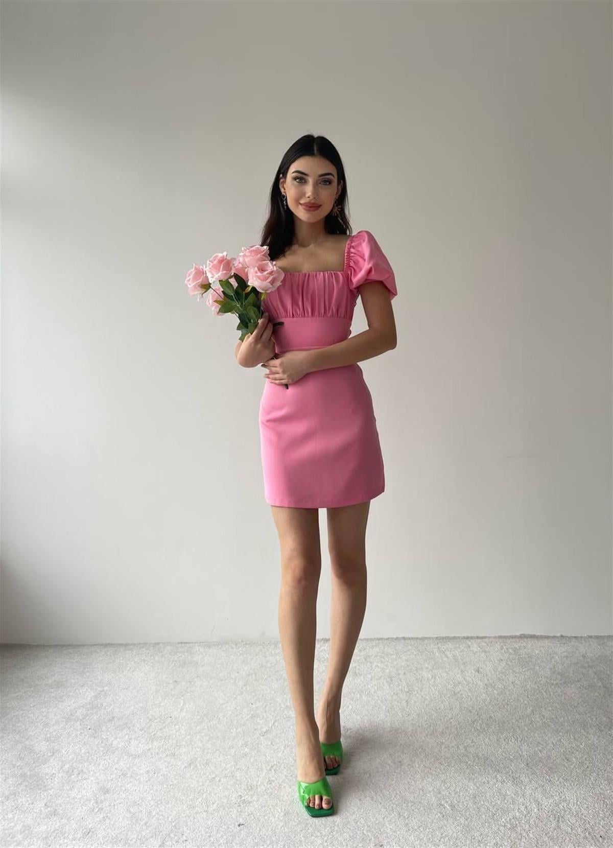  Sırt Dekolteli Atlas Elbise -6751 - Pembe