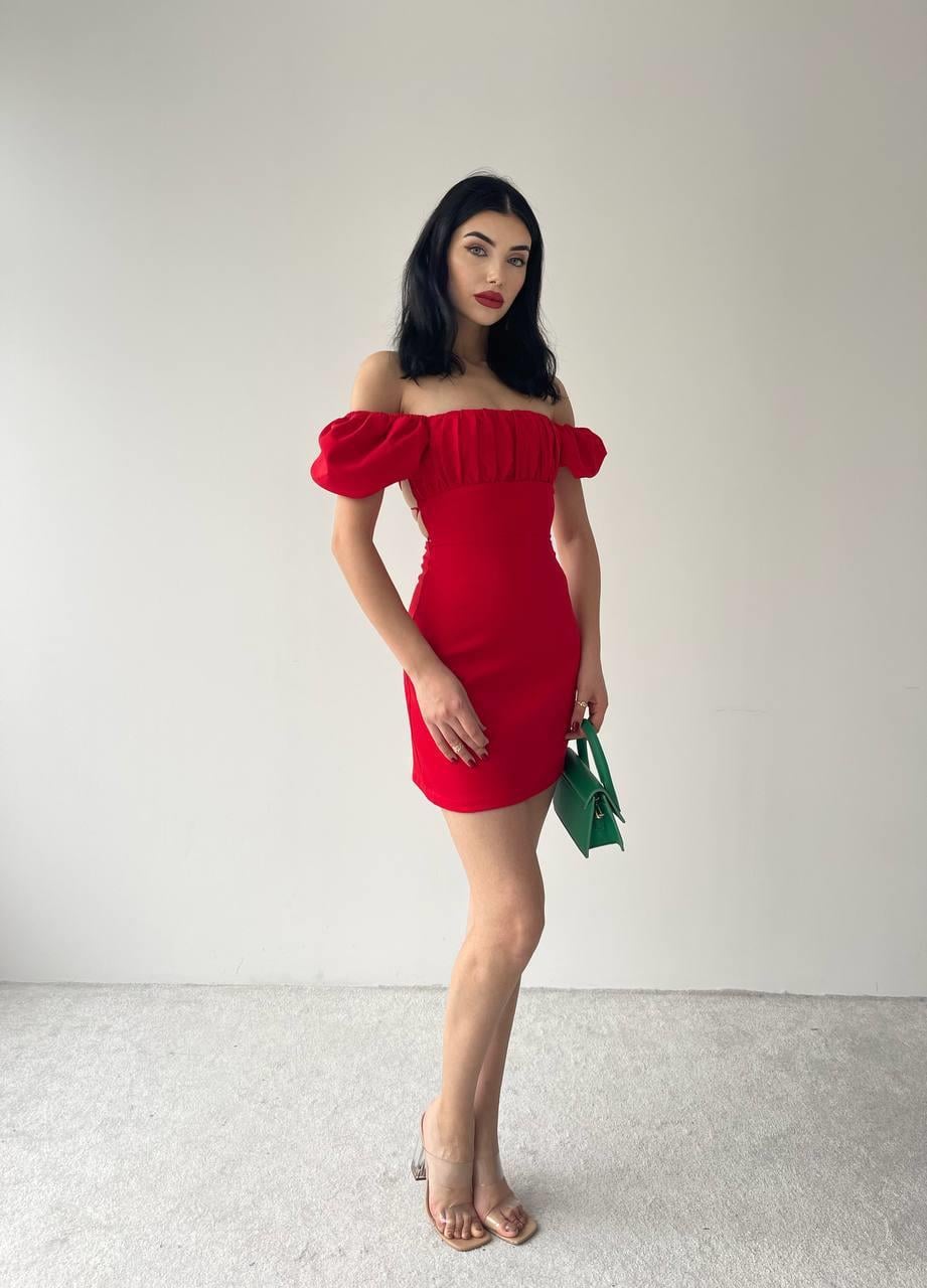 Sırt Dekolteli Mini Karpuz Kol Elbise