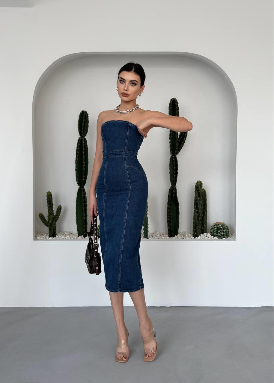 Straplez Midi Denim Elbise