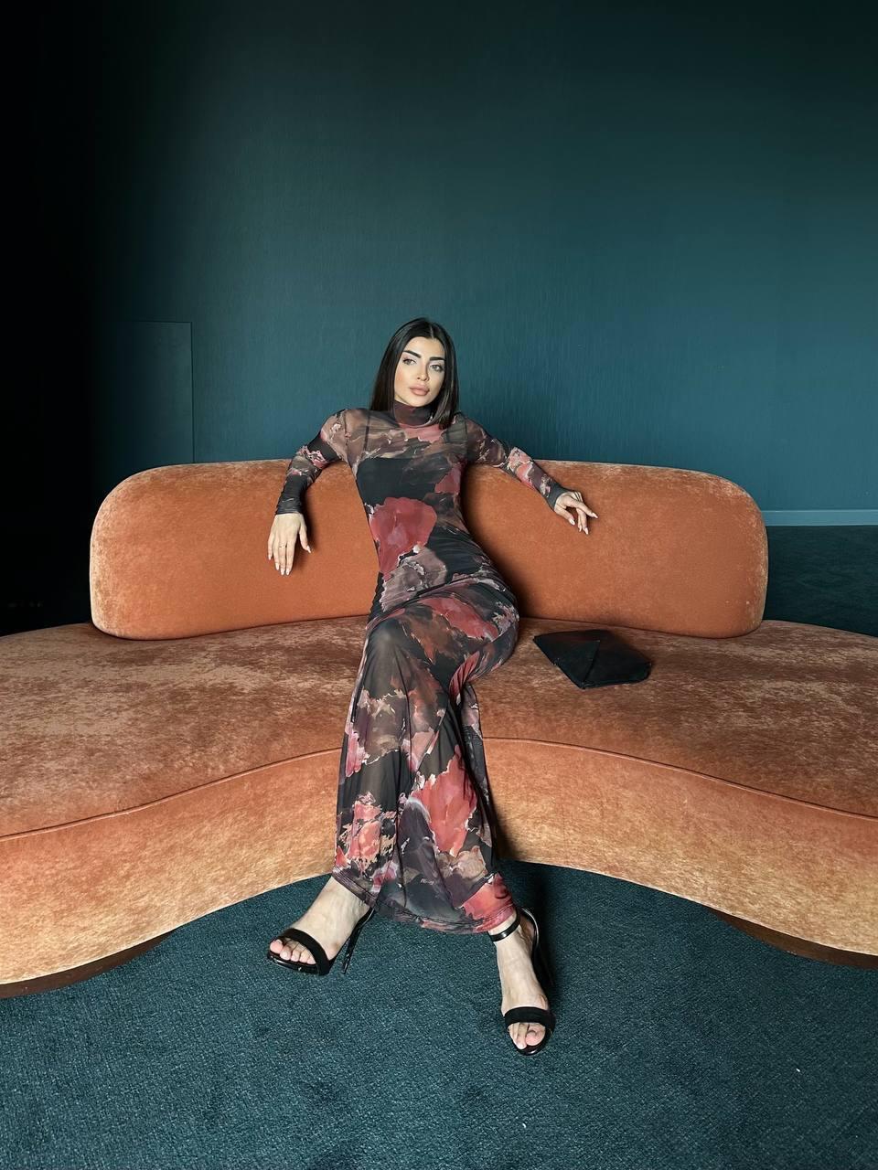 Suna Streç Tül Uzun Elbise Kırmızı 