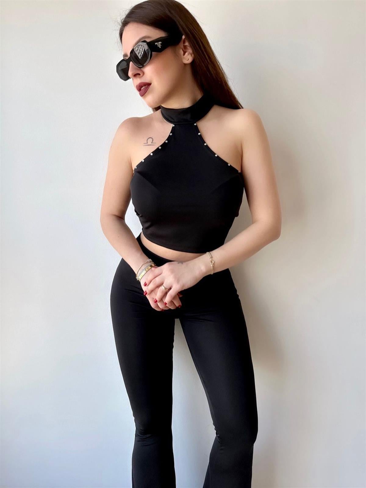 Taş Detaylı Crop Pantolon Takım - Siyah