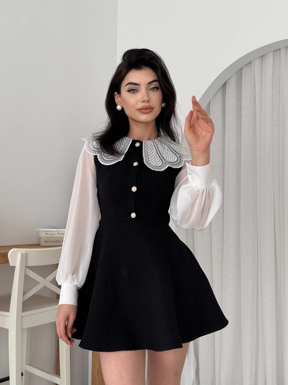 Tasarım Tüvit Kumaş Tül Detay Kol Mini Elbise