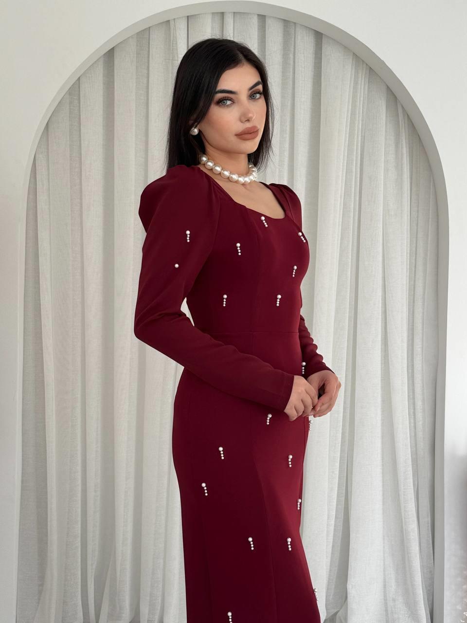 Taşlı Maya Yırtmaçlı Uzun Elbise
