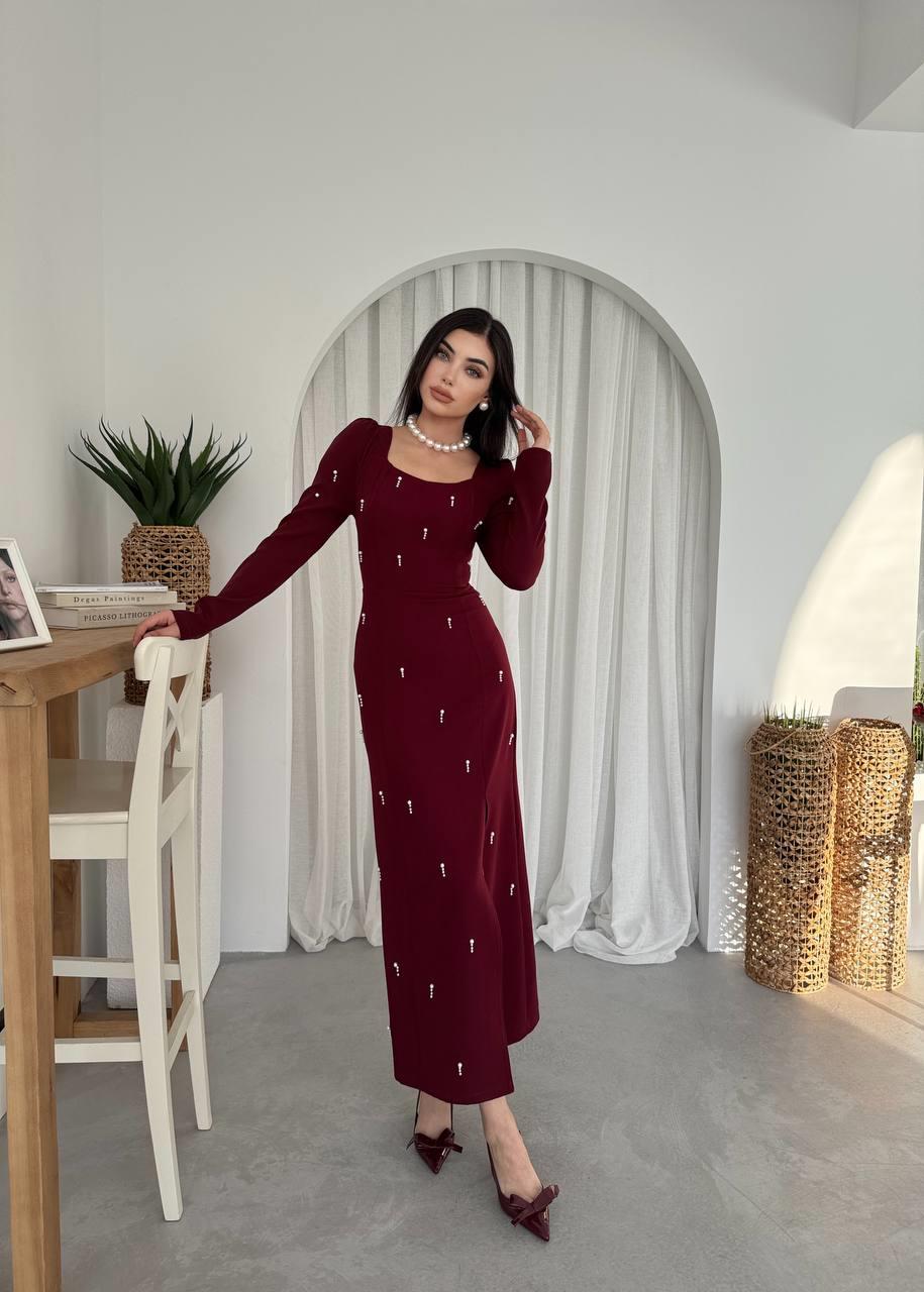 Taşlı Maya Yırtmaçlı Uzun Elbise