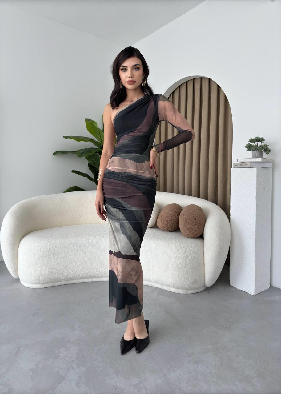 Tek Kol Astarlı Tül Elbise