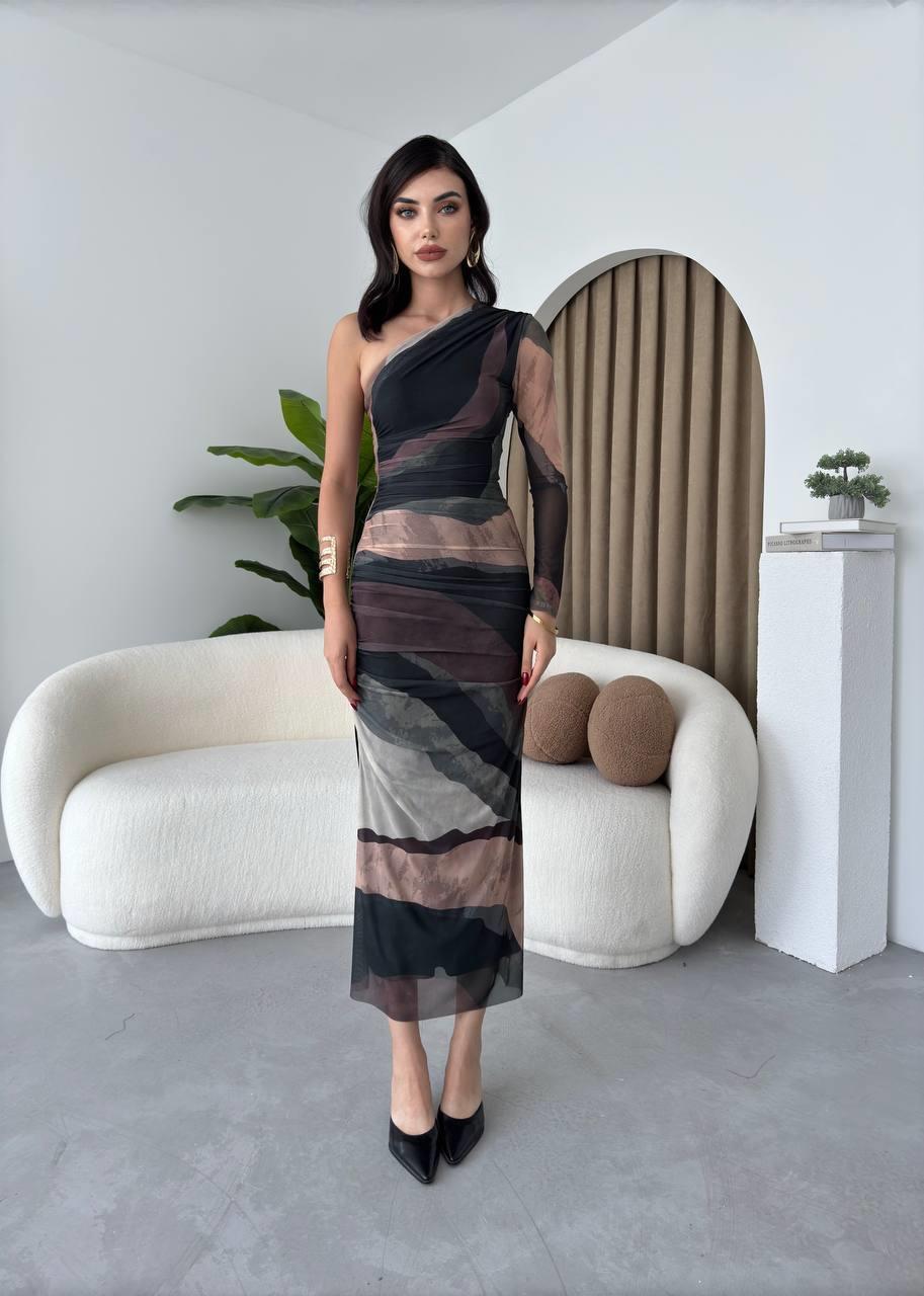 Tek Kol Astarlı Tül Elbise