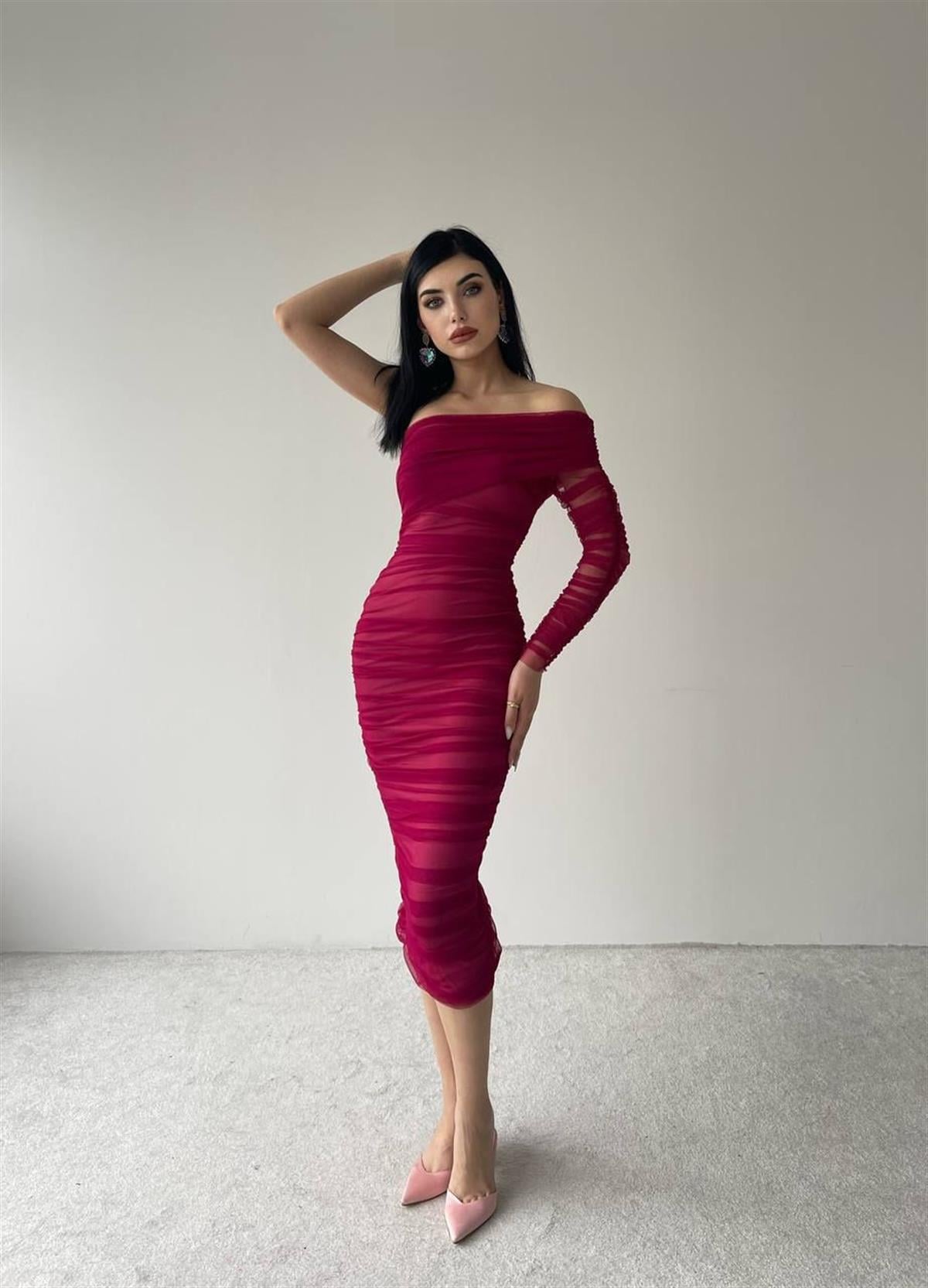 Tek kol Tül Midi Boy Elbise-6682 - Bordo