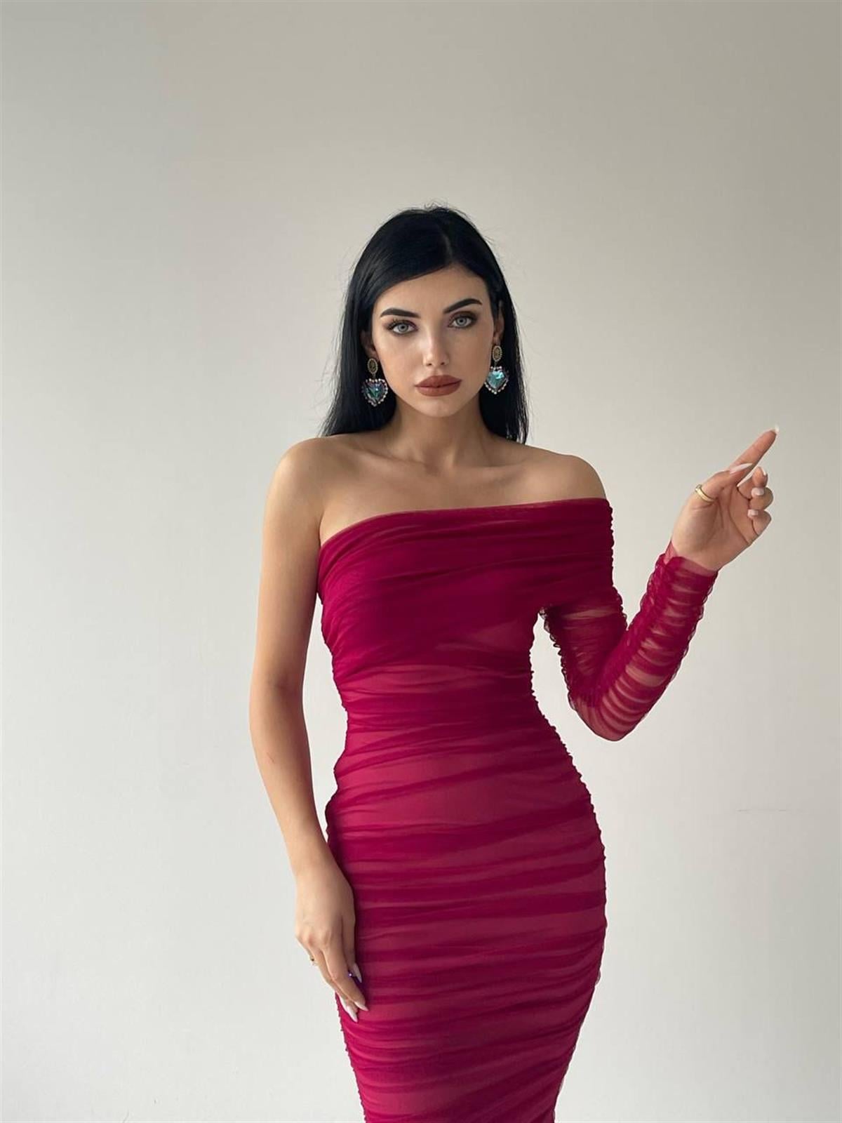 Tek kol Tül Midi Boy Elbise-6682 - Bordo
