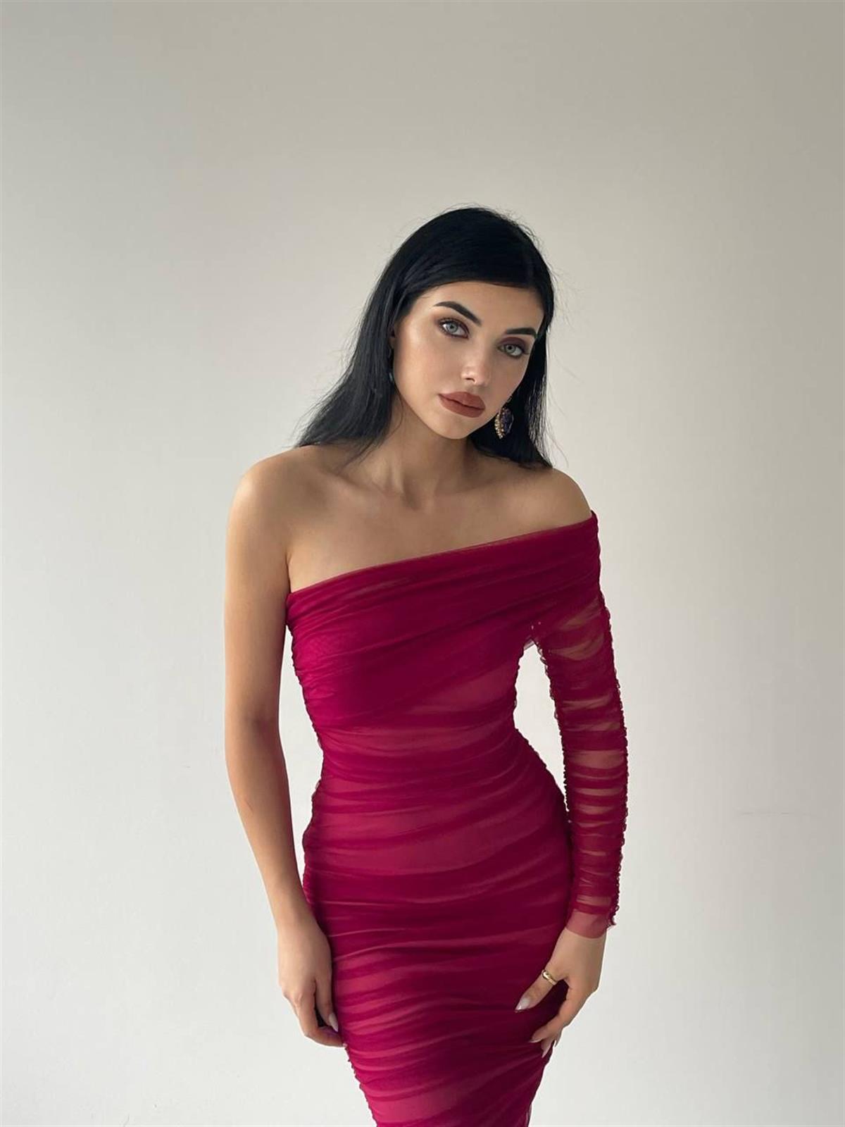 Tek kol Tül Midi Boy Elbise-6682 - Bordo