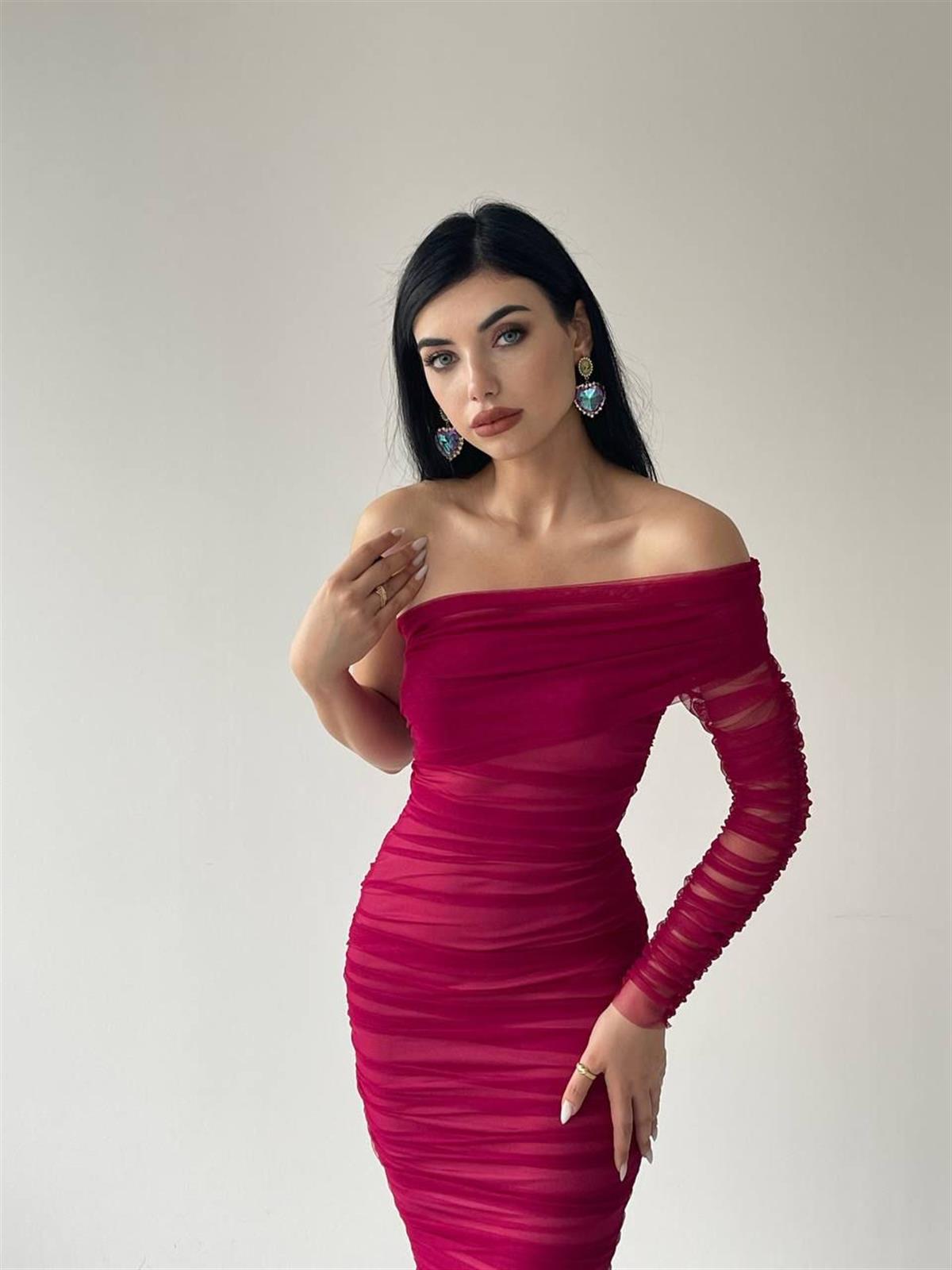 Tek kol Tül Midi Boy Elbise-6682 - Bordo