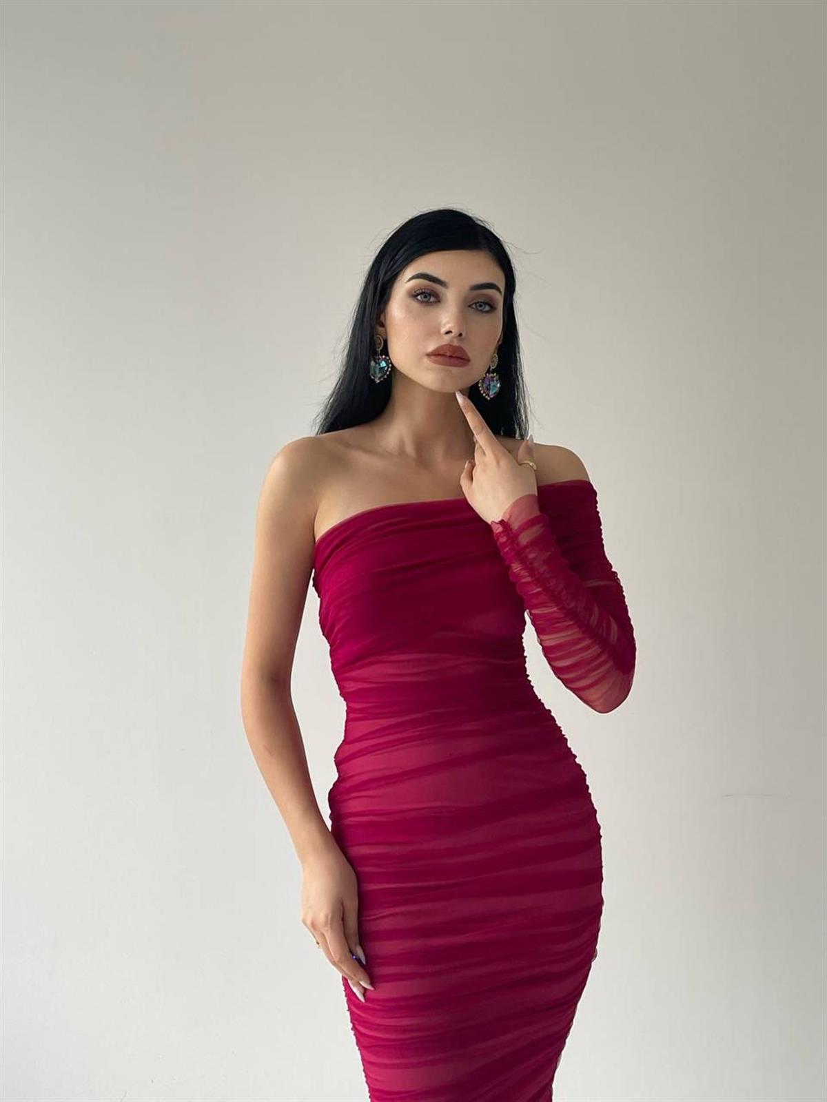 Tek kol Tül Midi Boy Elbise-6682 - Bordo