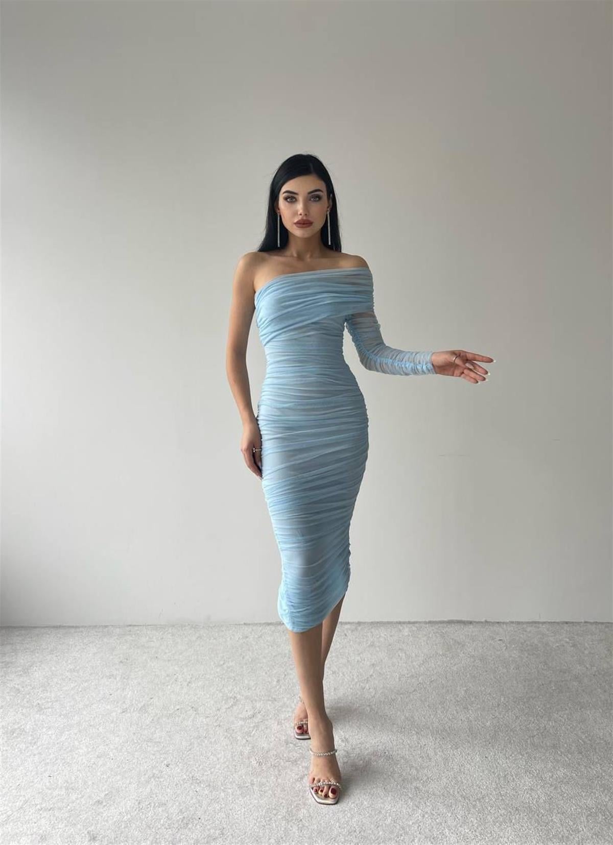 Tek Kol Tül Midi Boy Elbise - 6682 - Bebe Mavi